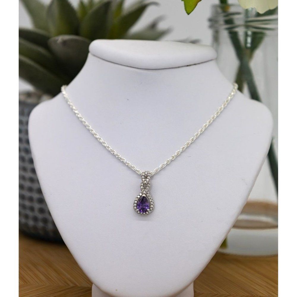 Sterling Silver Round & Pear Shape Amethyst Fashion .925 Pendant Necklace